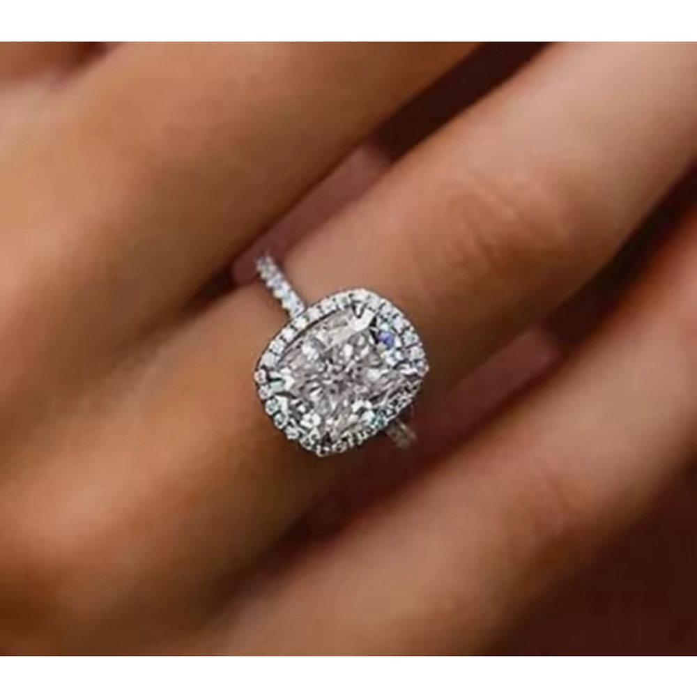 6ct Cushion Cut Halo Engagement Ring | 925 Sterling Silver Platinum - Picture 8 of 16